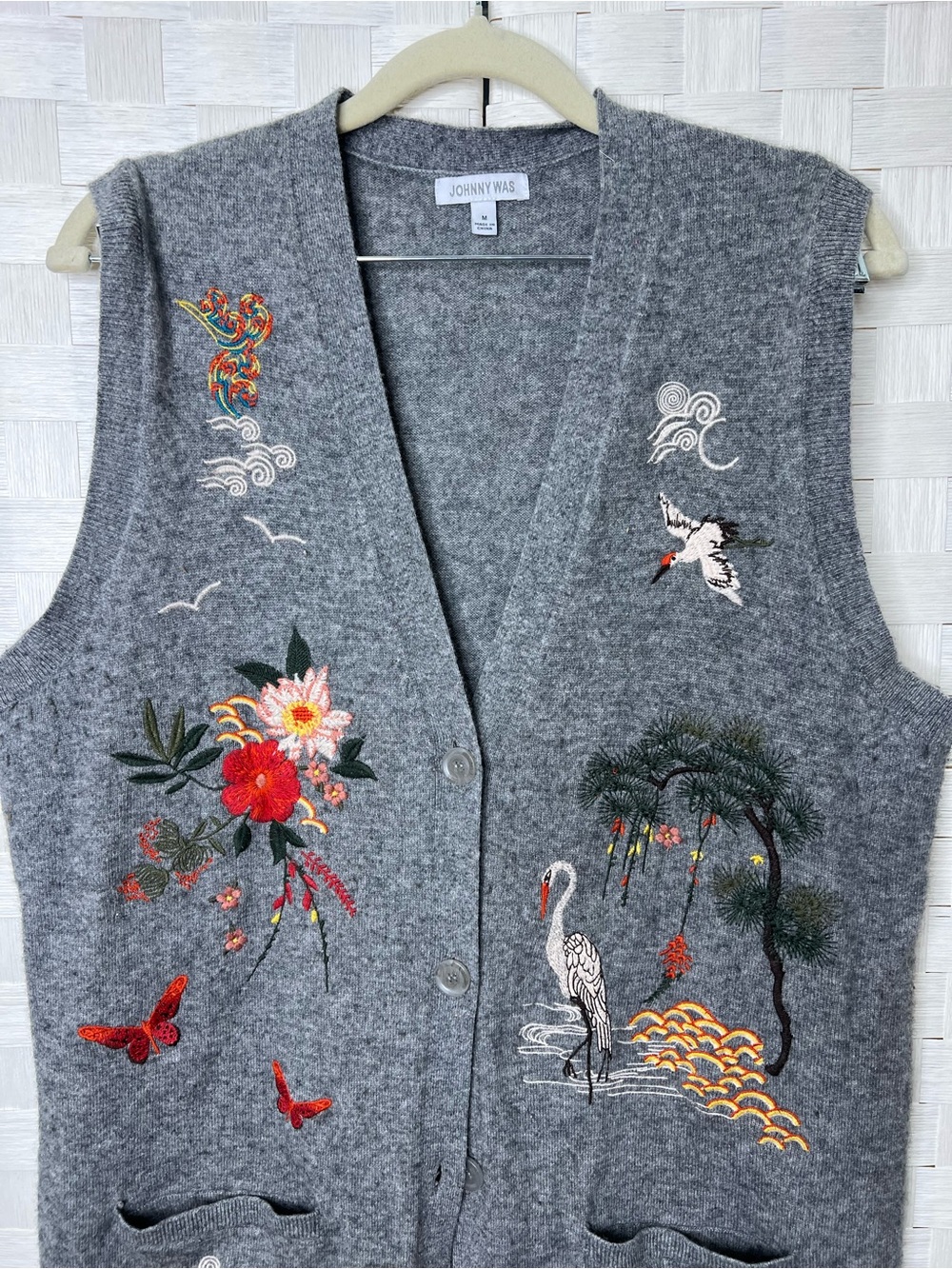 Johnny Was Gray Wool Cashmere Embroidered Long Sweater Vest Duster Cardigan (M) - Picture 2 of 16